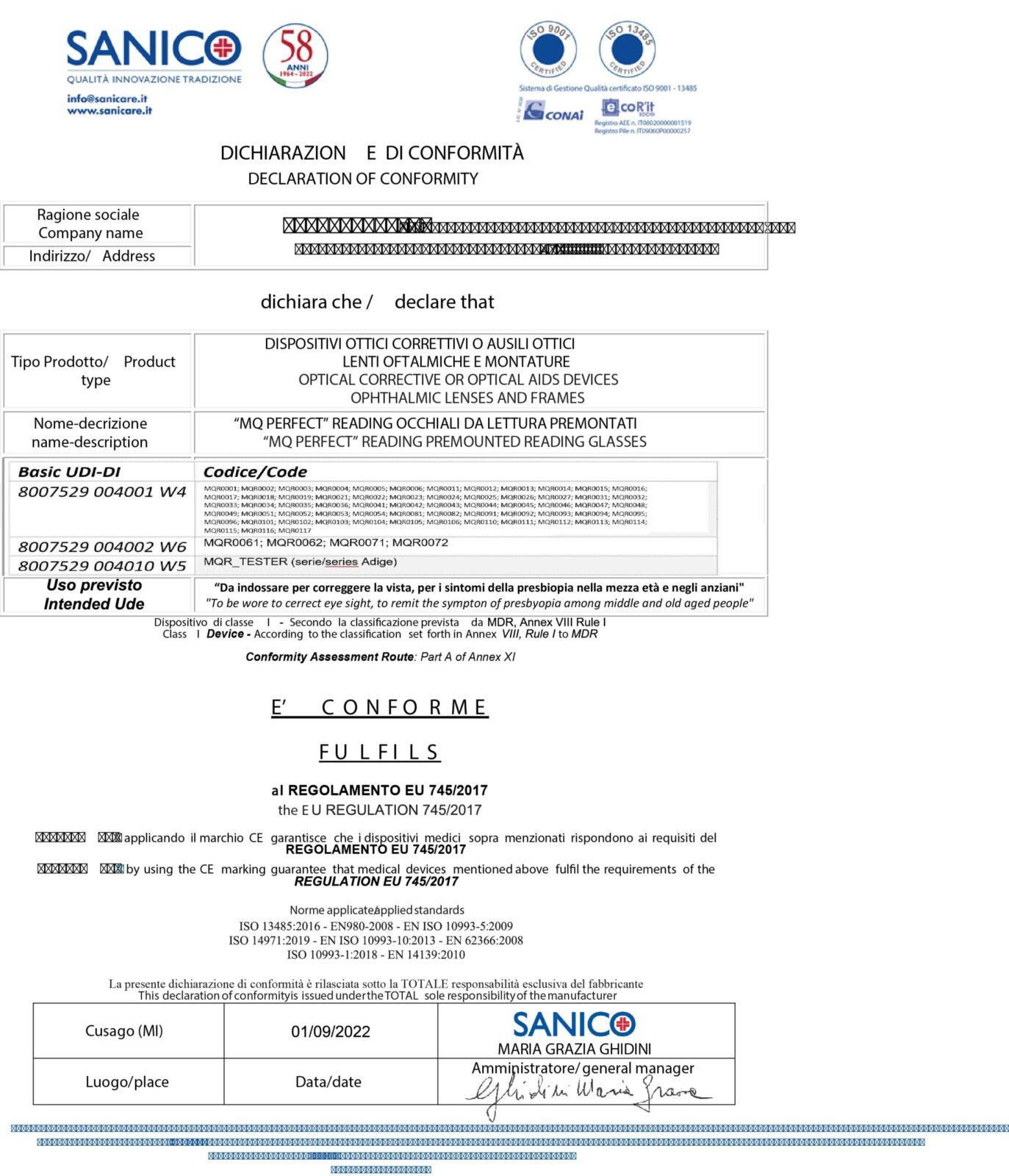 DICHIARAZIONE CONFORMITA' OCCHIALI Reg 745_2017