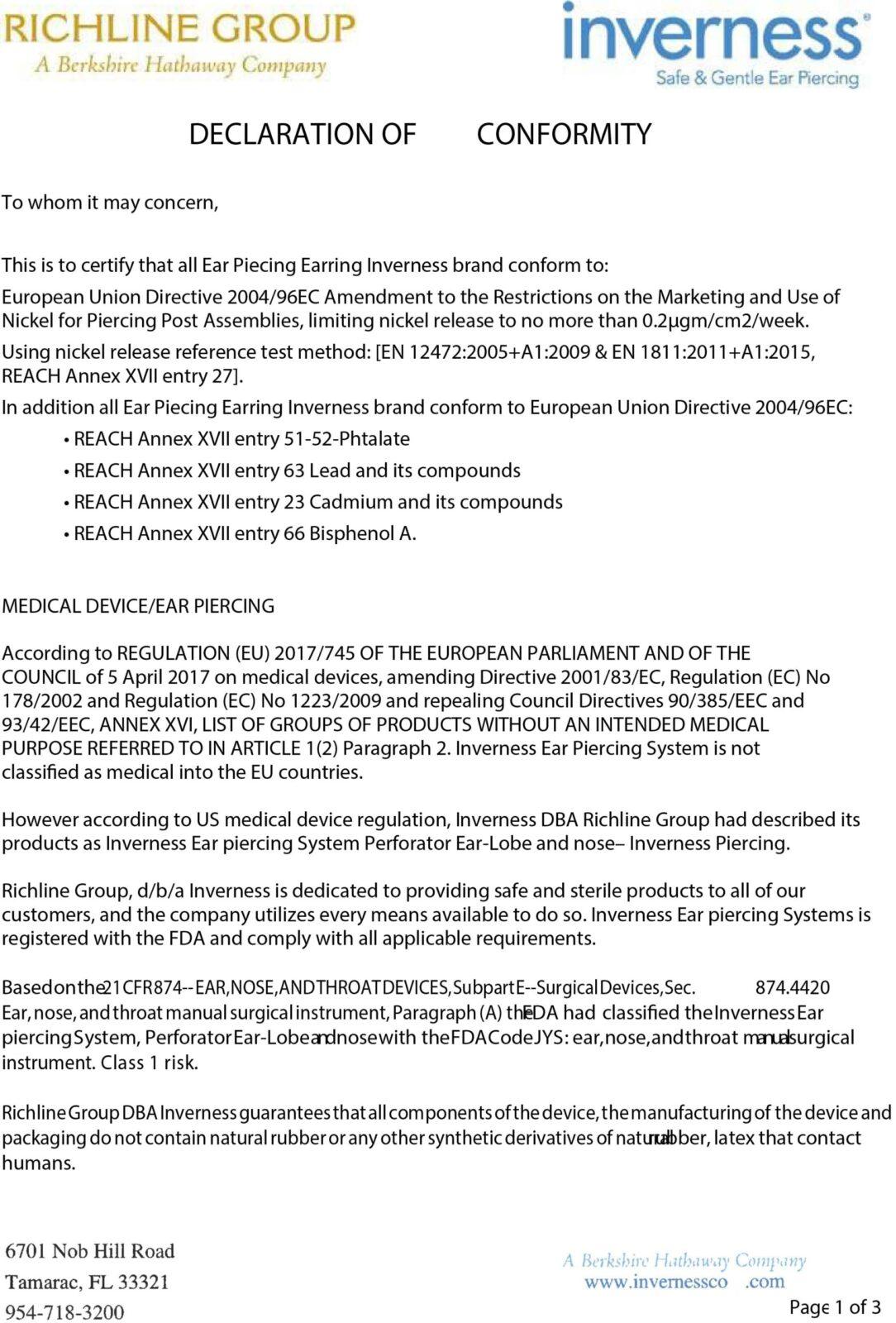 INVERNESS Certificate of Conformance 10-18-2023